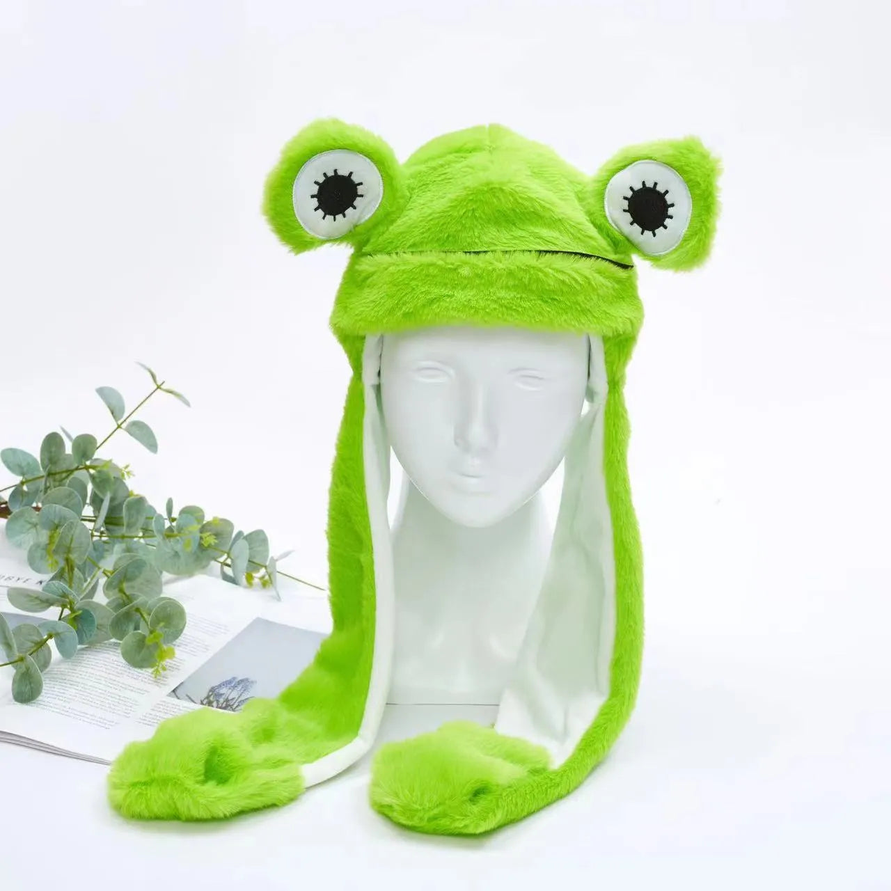 Grüne Frosch-Mütze aus Plüsch mit Augen, lustige Wintermütze für Kinder und Erwachsene.