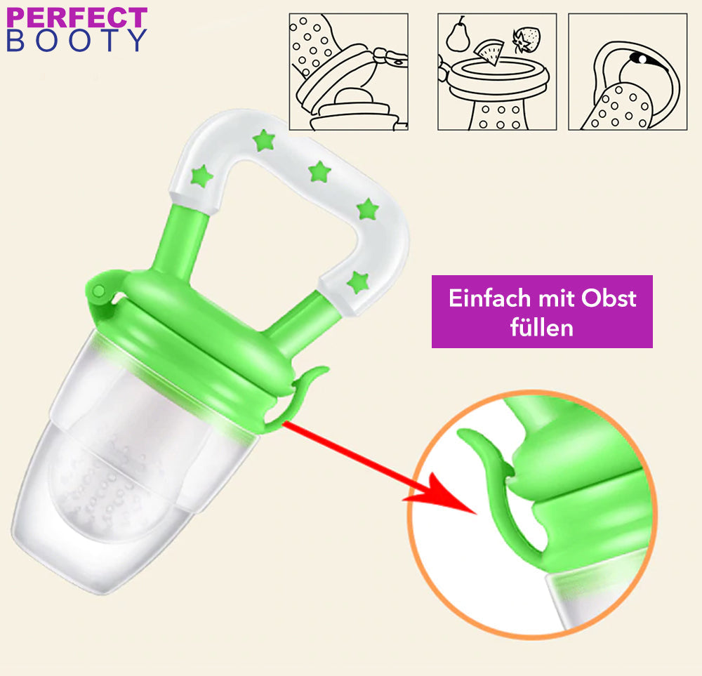 Grüner Baby-Fruchtsauger mit Sternen, BPA-frei, ideal für Obstfütterung.