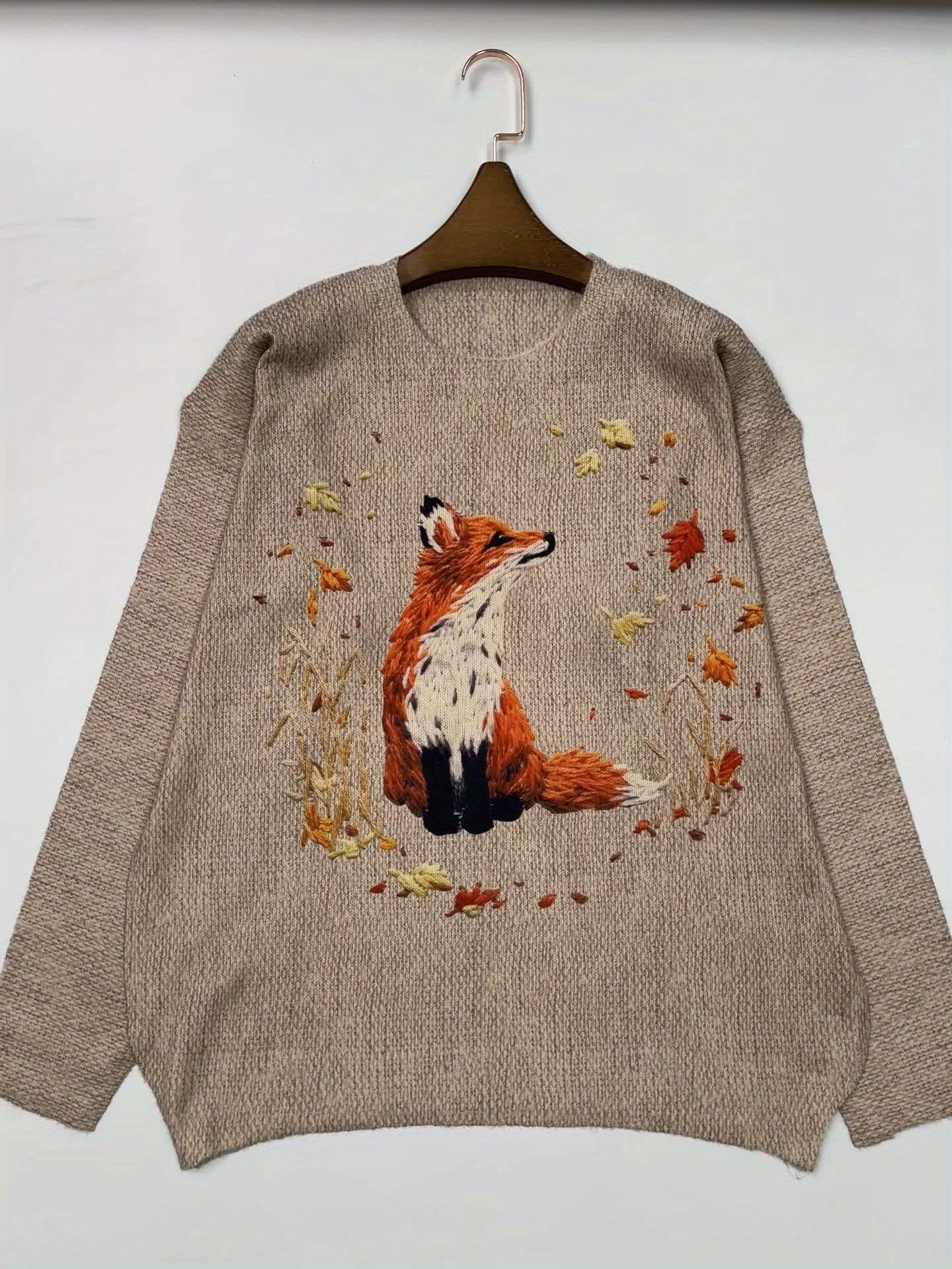 Beiger Pullover mit Fuchs-Motiv, Herbstblätter, Damenmode, Strick, gemütlich, langärmelig.