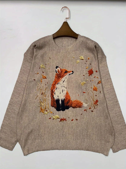 Beiger Pullover mit Fuchs-Motiv, Herbstblätter, Damenmode, Strick, gemütlich, langärmelig.