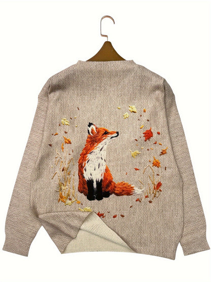 Beiger Strickpullover mit Fuchs-Stickerei, Herbstblätter, Damenmode, gemütlich, elegant.