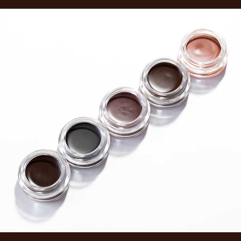 Fünf Augenbrauencremes in Glastiegeln, verschiedene Brauntöne, Makeup-Produkt.