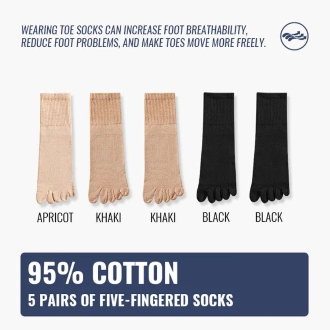 Fünf Paar Zehensocken, 95% Baumwolle, Farben: Apricot, Khaki, Schwarz, atmungsaktiv.