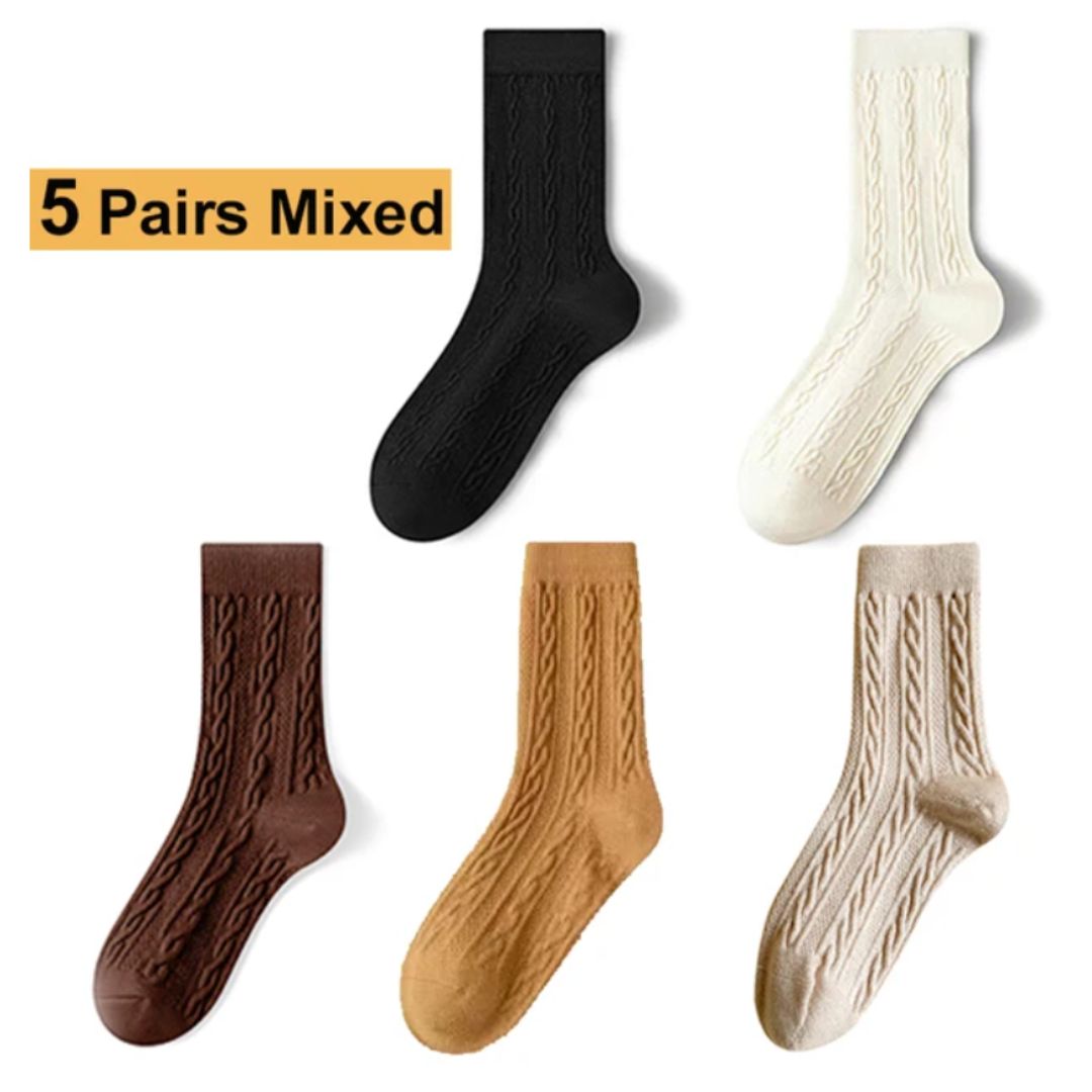 Fünf Paar gemischte Socken, schwarz, weiß, braun, gelb, beige, Baumwolle, Zopfmuster.