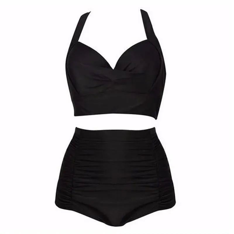 Svart bikini-set med haltertopp och hög midja – Alina