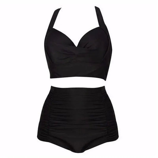 Svart bikini-set med haltertopp och hög midja – Alina