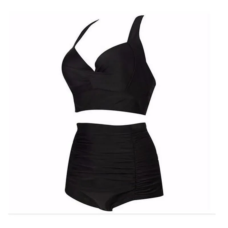 Svart bikini-set med haltertopp och hög midja – Alina