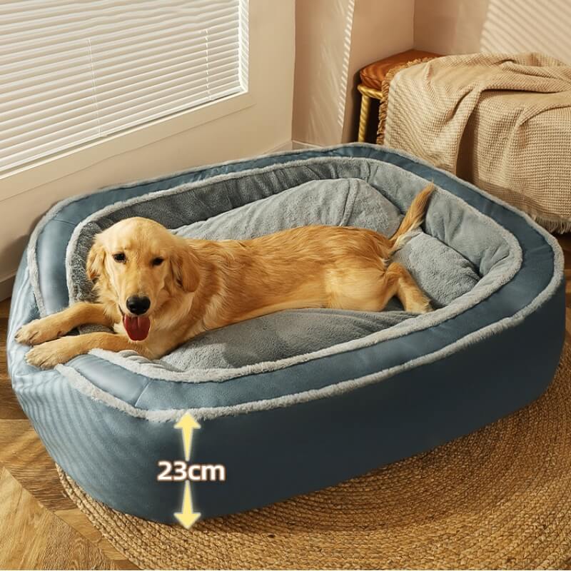 Großes orthopädisches Hundebett, blau, warm, tief, 23 cm hoch, für komfortablen Schlaf.