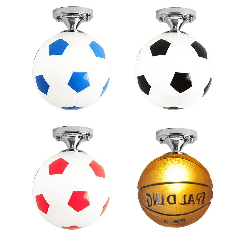 Deckenleuchte Kinderzimmer, Fußball-Design, Glas, LED, modern, blau, schwarz, rot, gold.