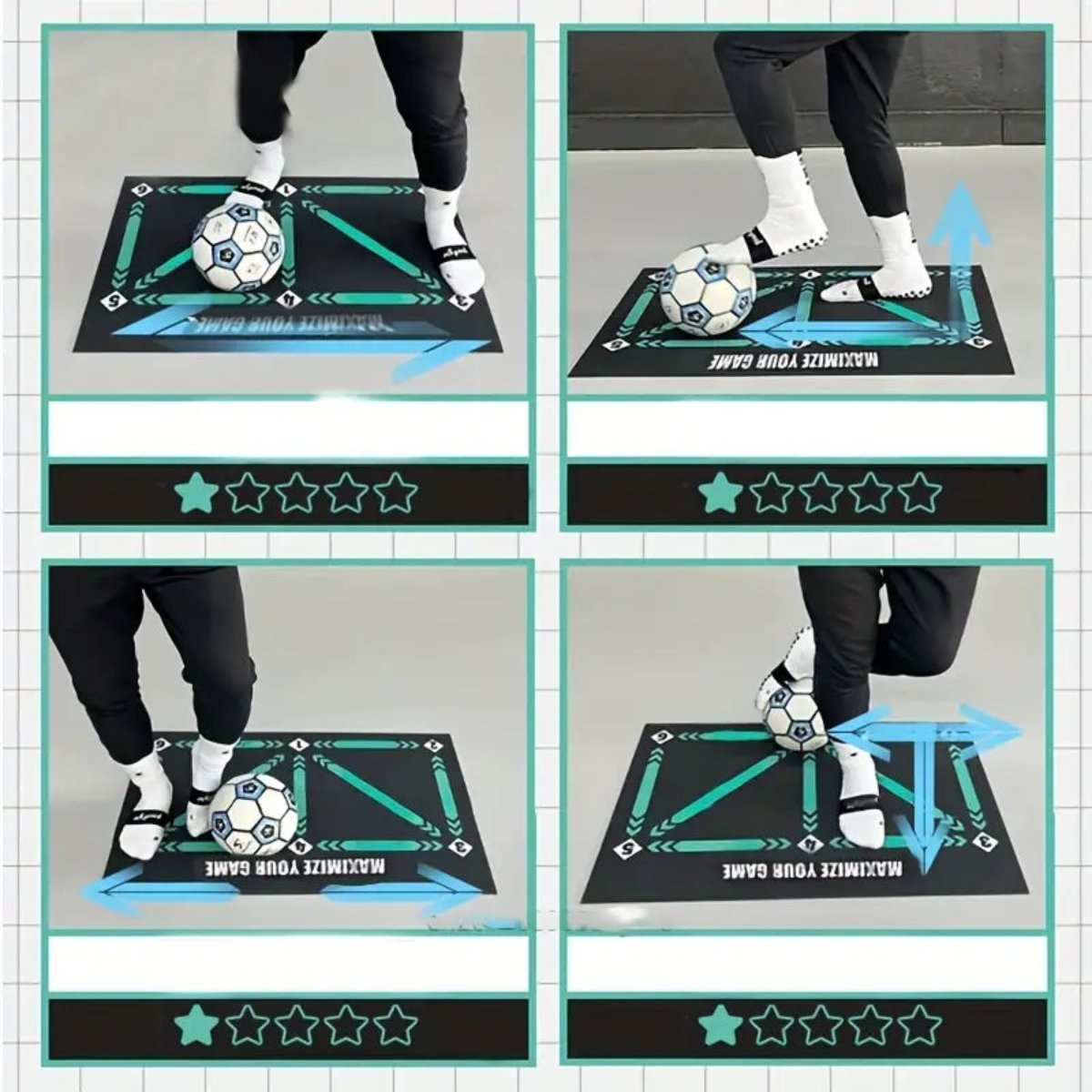 Fußball-Trainingsmatte mit Anweisungen, schwarz, für Ballkontrolle und Dribbling-Übungen.
