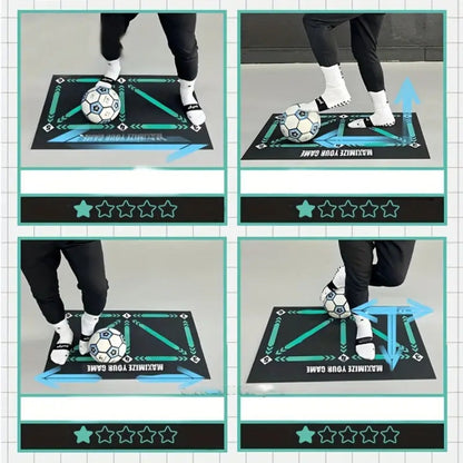 Fußball-Trainingsmatte mit Anweisungen, schwarz, für Ballkontrolle und Dribbling-Übungen.