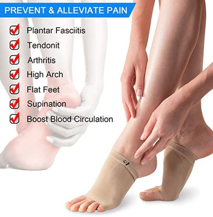 Beige Fußbandage für Plantarfasziitis, Schmerzlinderung, Unterstützung, elastisch, atmungsaktiv.