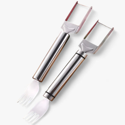 Zwei Edelstahl-Gabeln mit ergonomischem Griff, ideal für Küche und Grill.