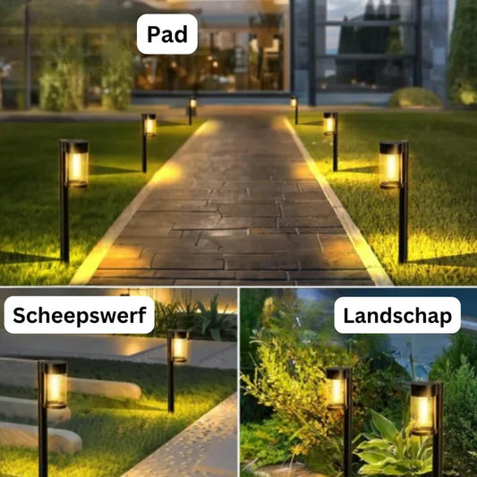 LED-Solarleuchten für Gartenweg, schwarz, energiesparend, wetterfest, Außenbeleuchtung.