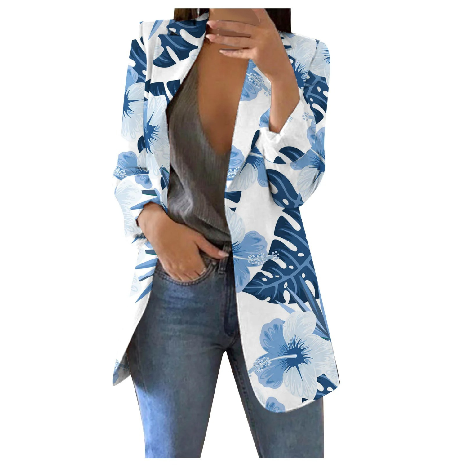 Damenblazer mit blauem Blumenmuster, Reverskragen, schlanke Passform, modisch, elegant.