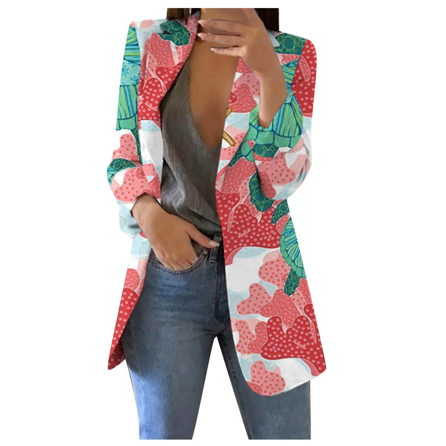 Damenblazer mit floralem Print, Reverskragen, schlanke Passform, modisch, bunt.