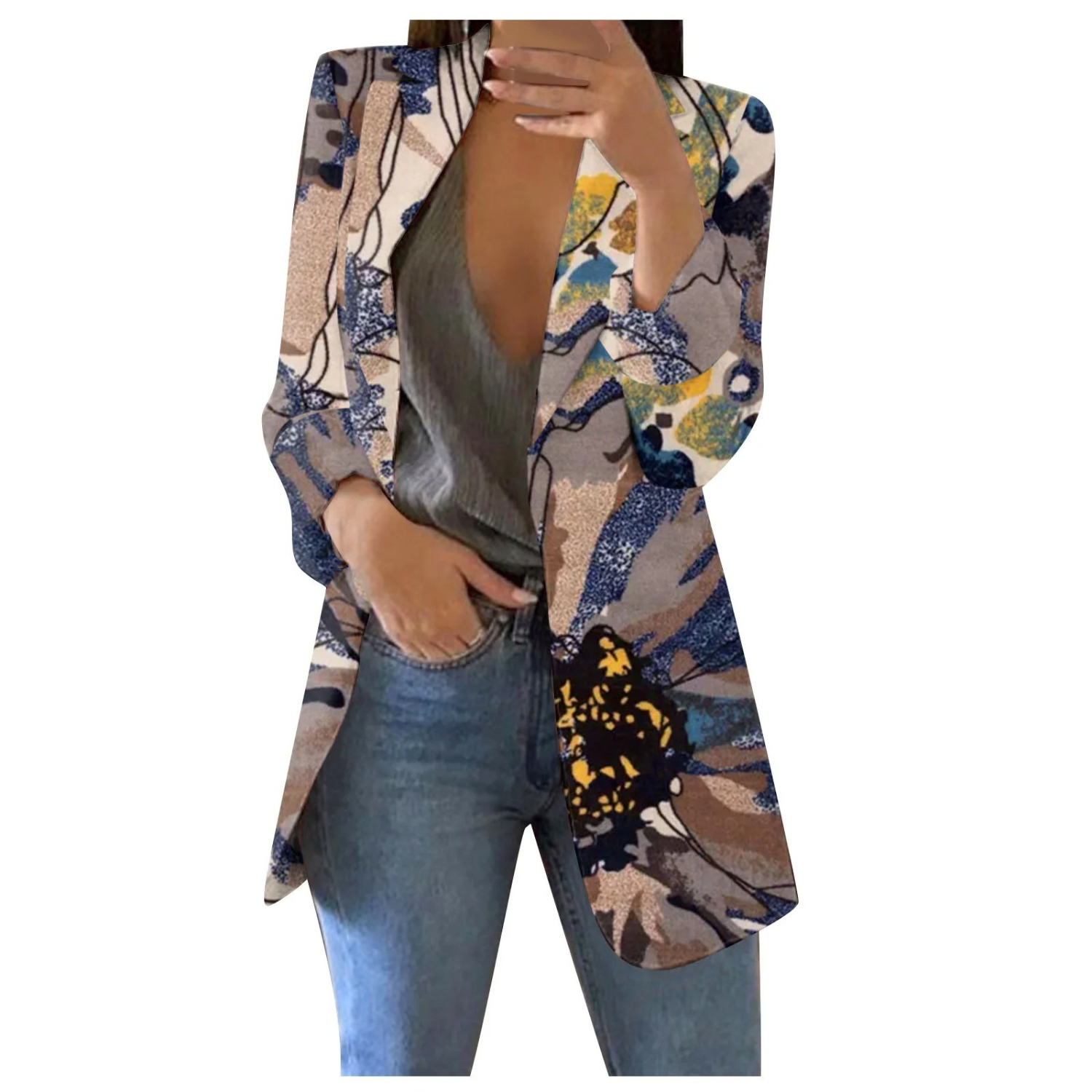 Damenblazer mit floralem Print, Reverskragen, schlanke Passform, modisch, elegant.
