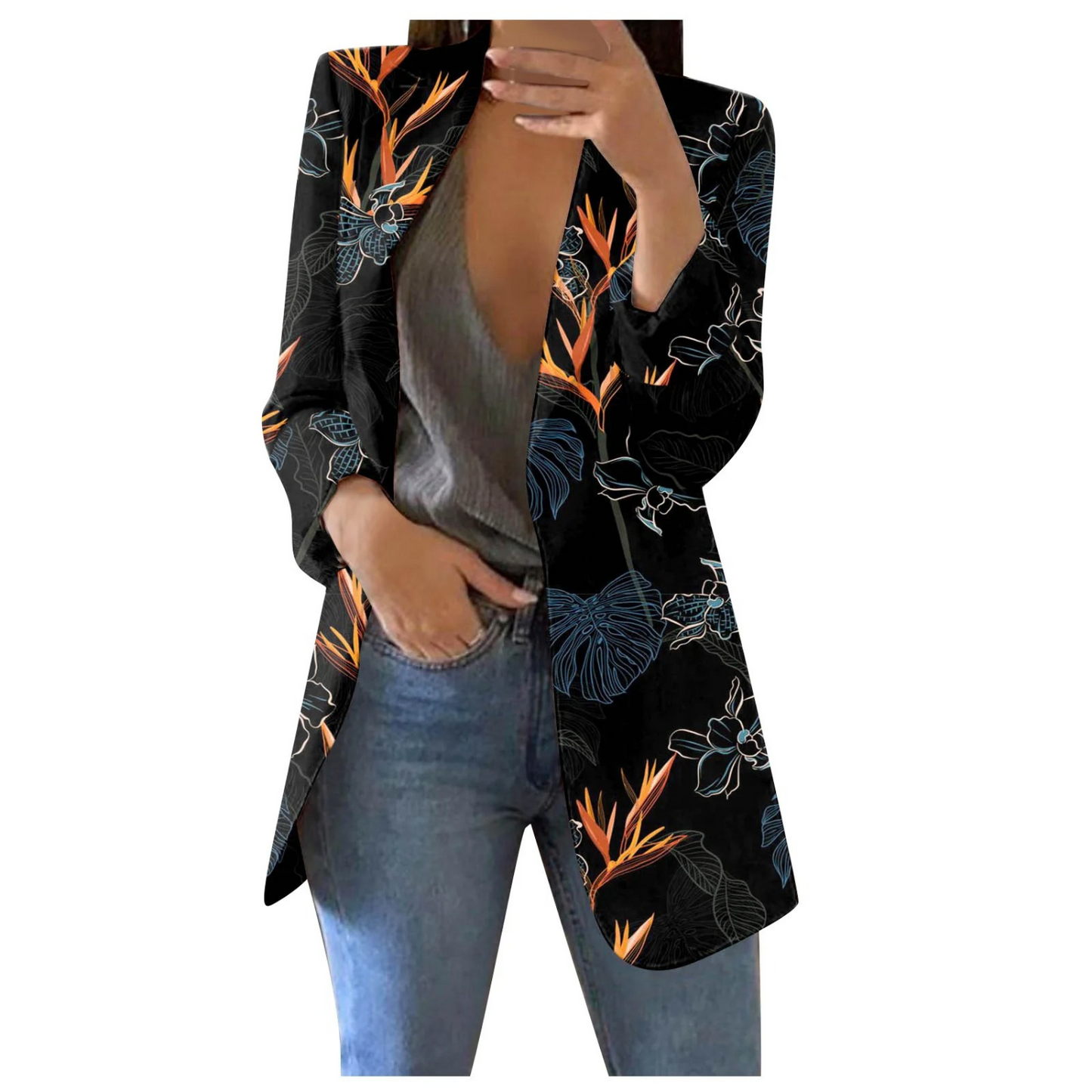 Damenblazer mit floralem Print, schwarz, Revers, schlanke Passform, modisch, elegant.