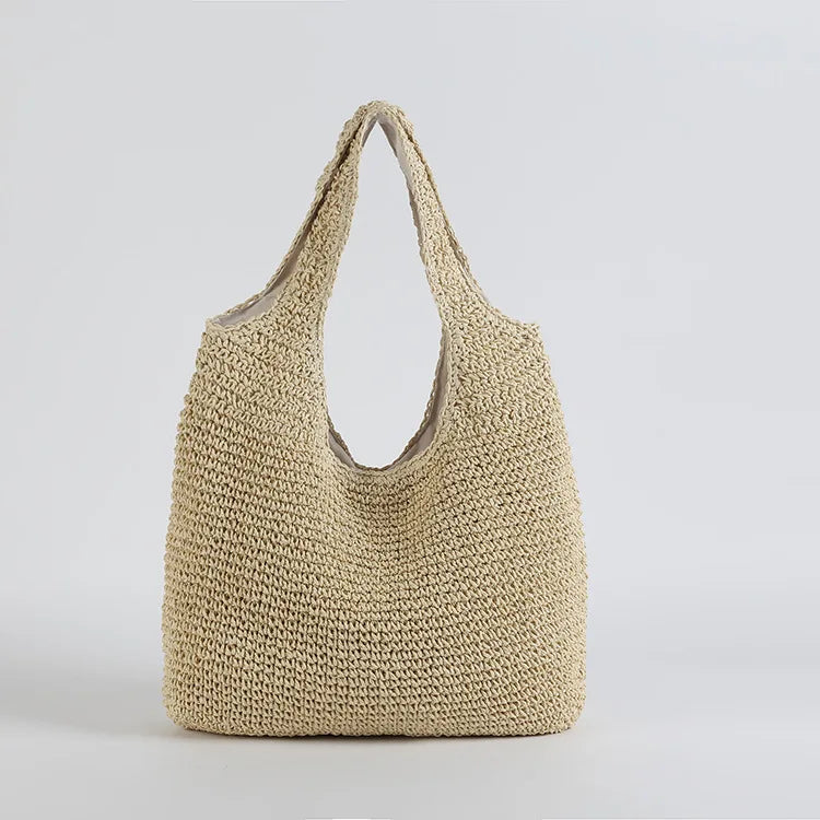 Beiger handgefertigter Stricktasche aus Baumwolle, umweltfreundlich, modisch, Einkaufstasche.