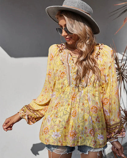 Vintage Boho sommarblus med blommönster och långa ärmar – Sana