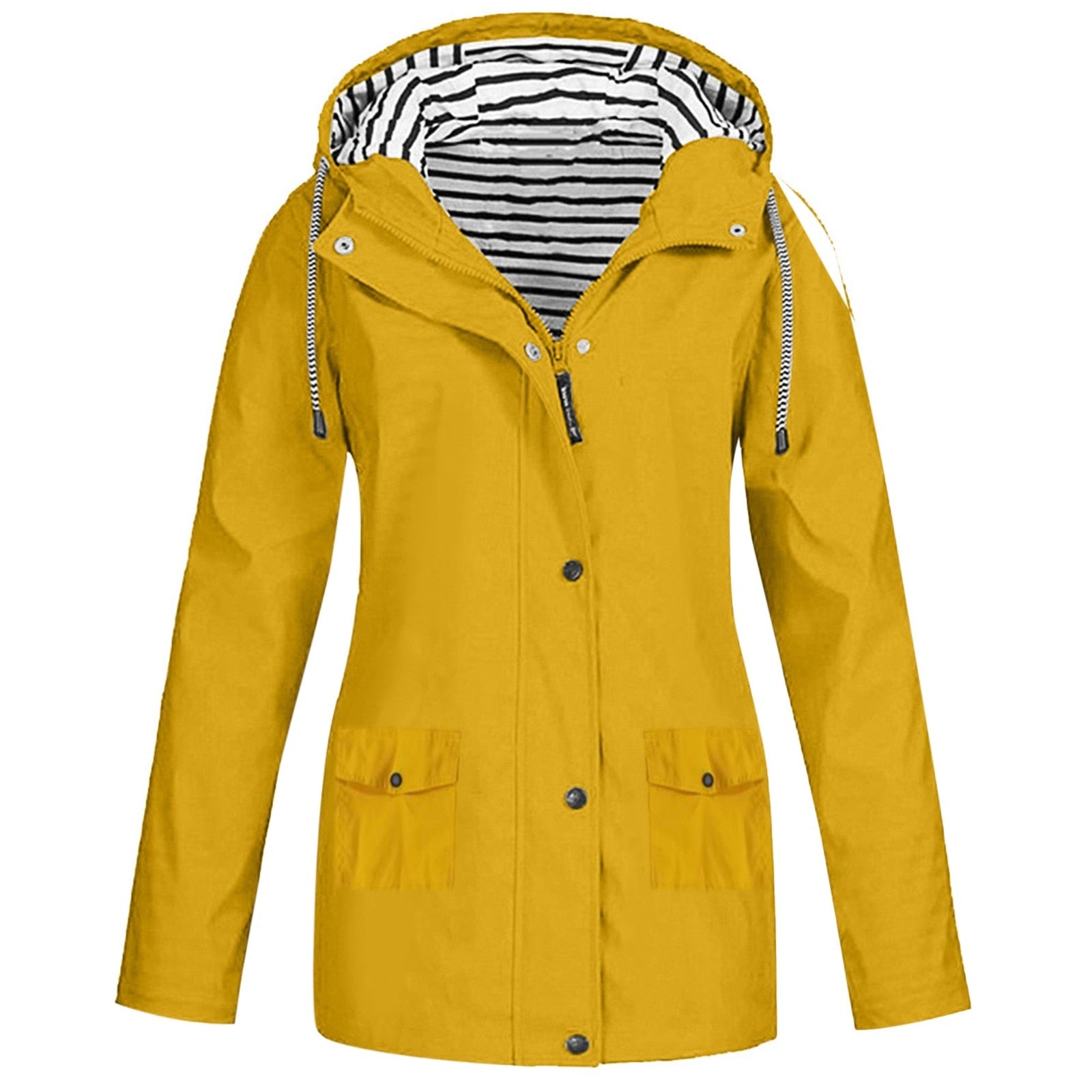 Gelbe Damen-Regenjacke mit Kapuze, gestreiftem Innenfutter, wasserdicht, Outdoor-Bekleidung.