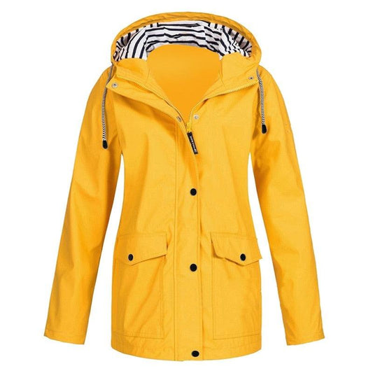 Gelbe Damen-Regenjacke mit Kapuze, wasserdicht, gestreiftes Innenfutter, Outdoor-Bekleidung.