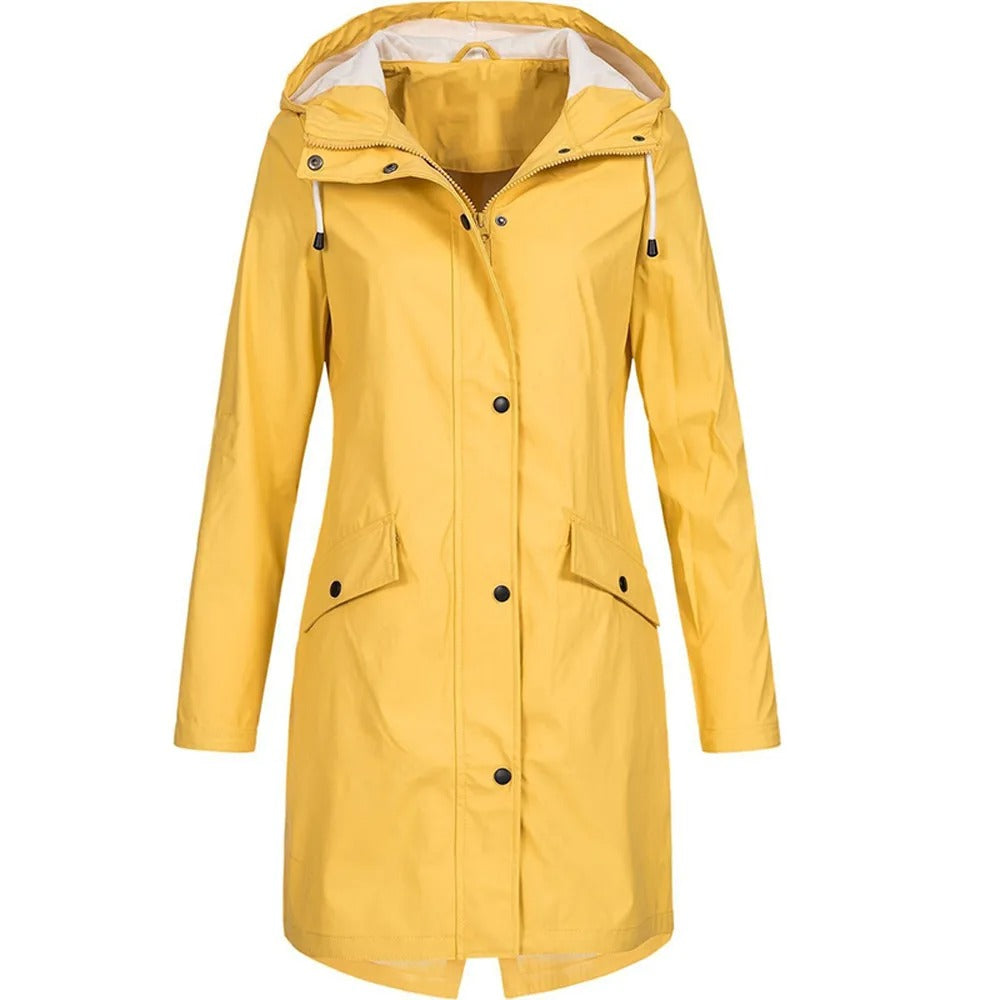 Gelber Regenmantel Damen, wasserdicht, Kapuze, Taschen, Outdoor-Bekleidung, modisch.