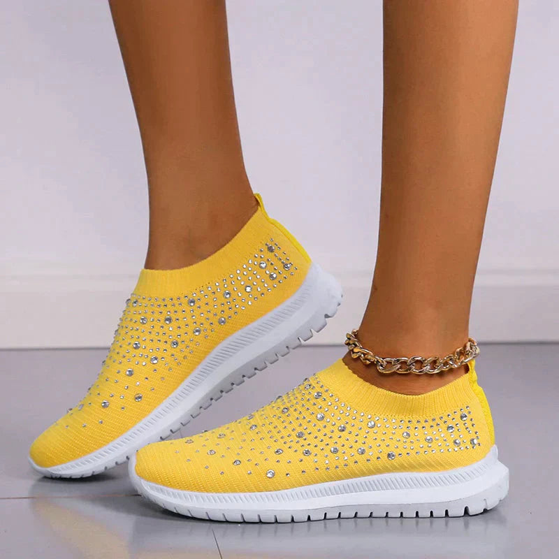 Gelbe Damen-Sneaker mit Strasssteinen, rutschfeste Sohle, modisch, bequem, Freizeit.