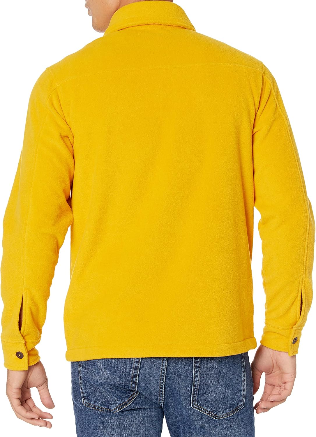 Gelbe Fleecejacke für Herren, langärmelig, Freizeitmode, Rückansicht, Jeans kombiniert.