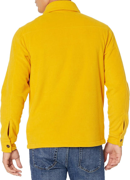 Gelbe Fleecejacke für Herren, langärmelig, Freizeitmode, Rückansicht, Jeans kombiniert.