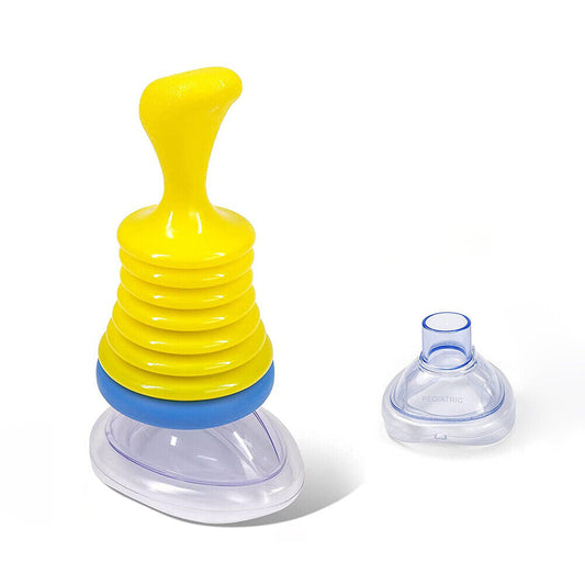 Gelber manueller Beatmungsbeutel mit transparenter Maske, Notfallmedizin, Kinder, Kunststoff.