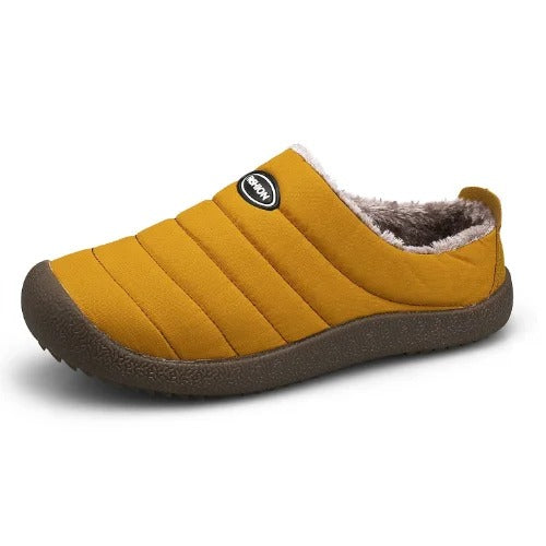 Gelber Hausschuh mit brauner Sohle, gefüttert, bequem, für Damen und Herren, Wintermode.