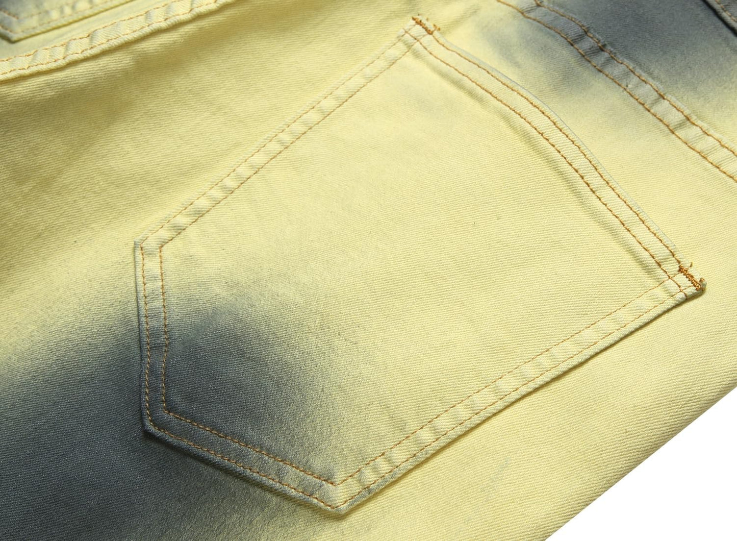 Gelbe Jeansstofftasche, Nahaufnahme, Baumwolle, modisches Design, robuste Nähte.