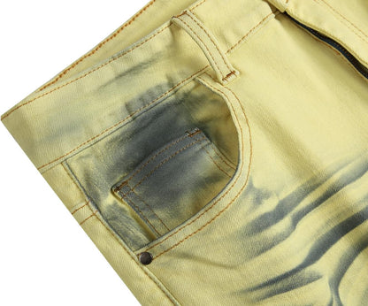 Gelbe Jeans mit Batikmuster, Baumwolle, modische Damenhose, trendige Freizeitkleidung.