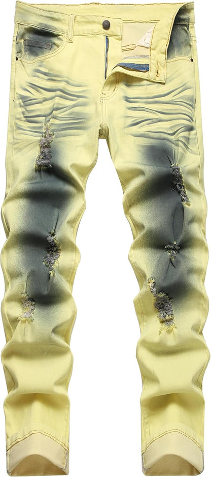 Gelbe Jeanshose, zerrissen, verwaschen, Slim Fit, Herrenmode, Streetwear, Baumwolle.