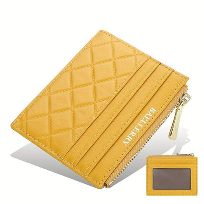 Gelbe Leder-Geldbörse mit Reißverschluss, Kartenfächern, Steppdesign, Damen-Accessoire.