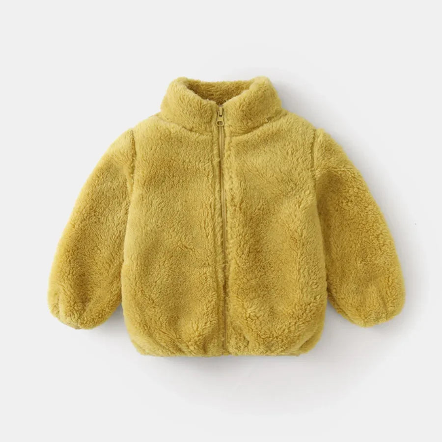 Gelbe Kinder-Fleecejacke mit Reißverschluss, warm, kuschelig, ideal für Herbst und Winter.