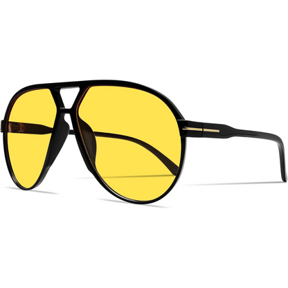 Schwarze Sonnenbrille mit gelben Gläsern, modisches Accessoire, UV-Schutz, Unisex-Design.