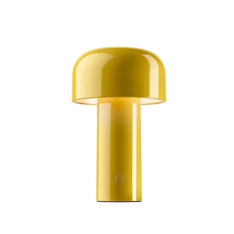 Gelbe tragbare LED-Tischlampe, pilzförmig, modernes Design, kabellos, für Innenräume.