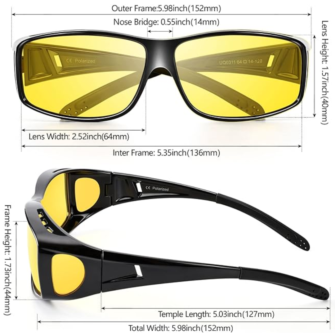 Polarisierte gelbe Nachtsichtbrille, UV-Schutz, schwarzer Rahmen, ideal für Autofahren.