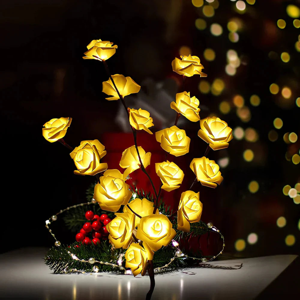 Gelbe LED-Rosenlichterkette, dekorativ, warmweiß, für Innenräume, festliche Beleuchtung.