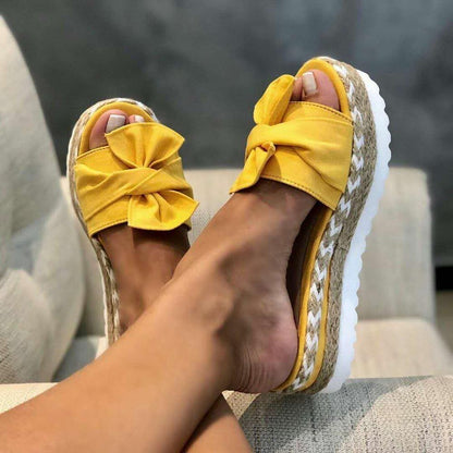 Gelbe Damen-Sandalen mit Schleife, Plateau-Sohle, Sommermode, bequem, trendig.