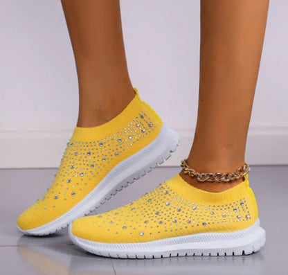 Gelbe Damen-Sneaker mit Strass, atmungsaktiv, rutschfeste Sohle, modisch, bequem.