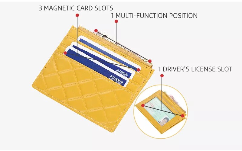 Gelber gesteppter Mini-Kartenhalter mit 3 Kartenfächern, 1 Multifunktionsfach, 1 Führerscheinfach.