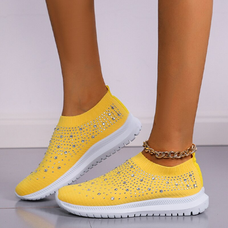Gelbe Damen-Sneaker mit Strass, rutschfest, bequem, atmungsaktiv, modisch, Freizeit.
