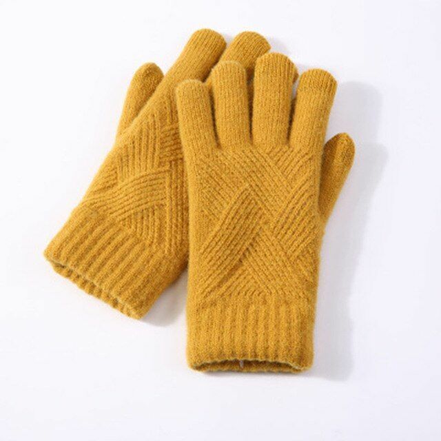 Gelbe Strickhandschuhe aus Wolle, warm und stilvoll, ideal für Wintermode und kaltes Wetter.