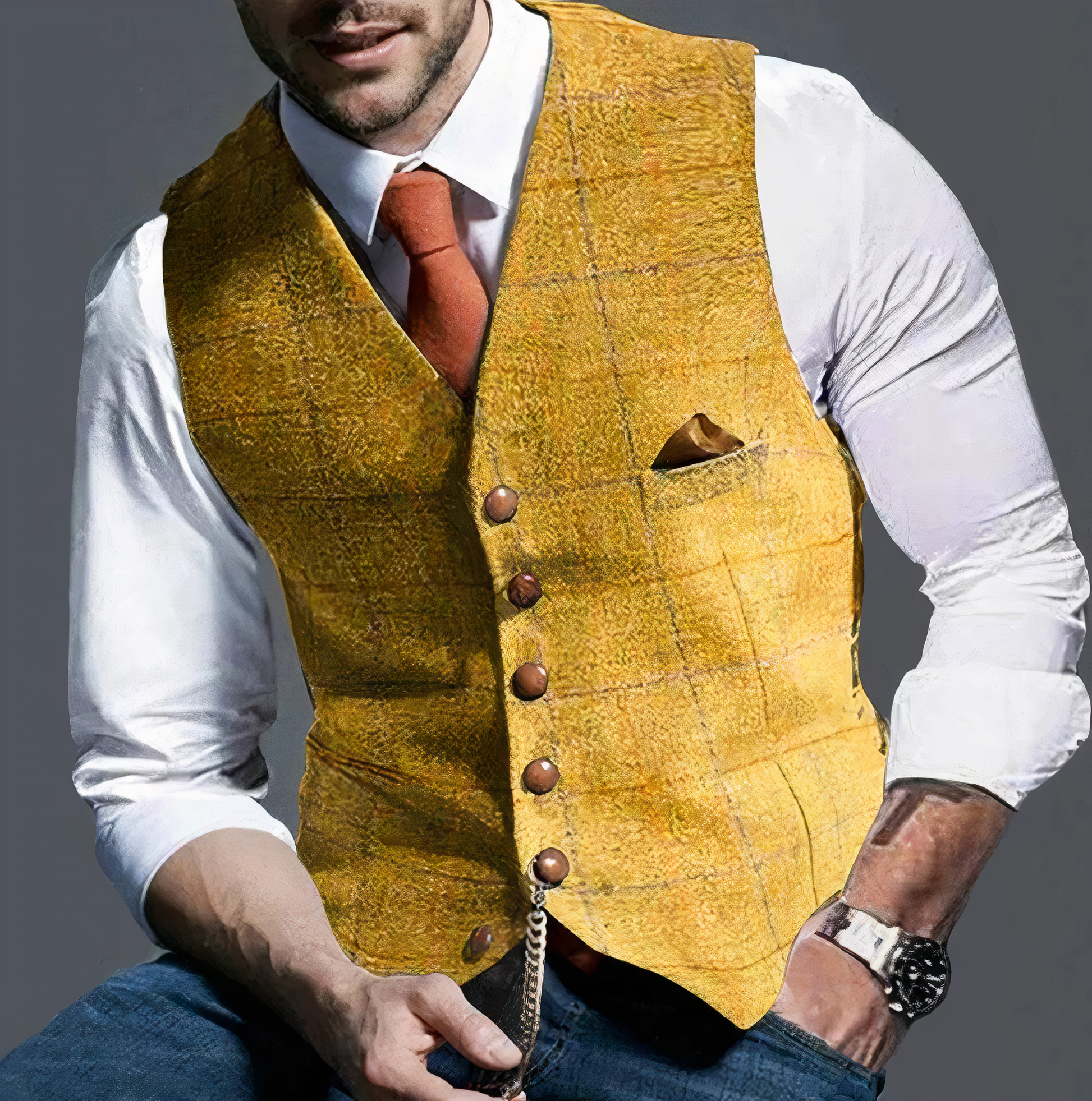 Mann in gelber Weste, weißem Hemd, orangefarbener Krawatte, eleganter Herrenmode, Accessoires.