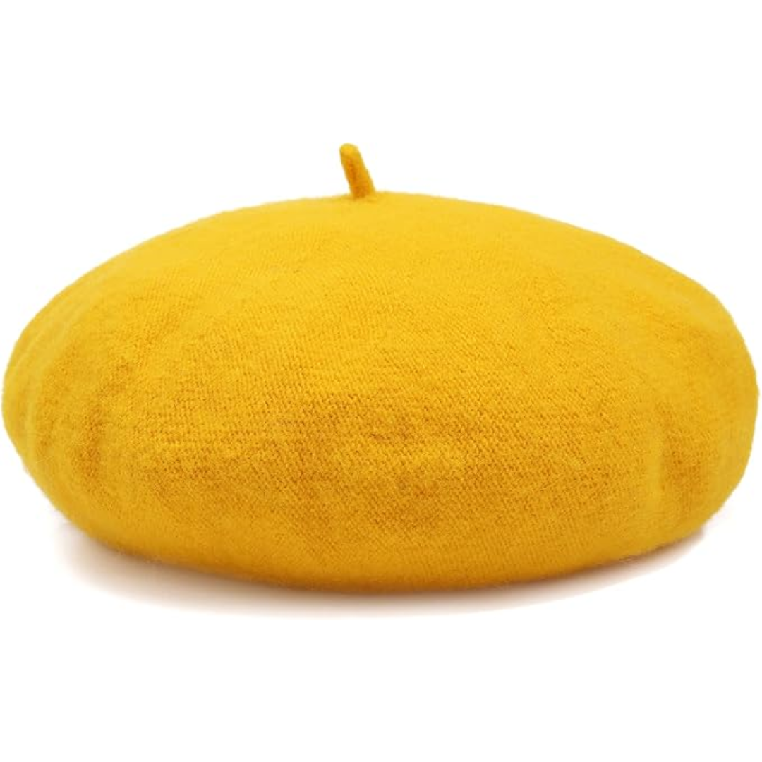 Gelbes Woll-Baskenmütze, modisches Accessoire, warm, stilvoll, Herbst-Winter-Kleidung.
