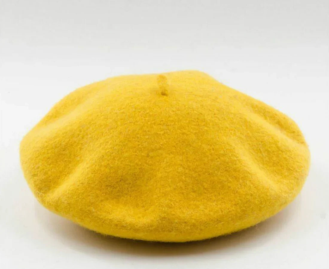 Gelbes Woll-Baskenmütze, modisch, warm, ideal für Herbst und Winter, Unisex-Accessoire.