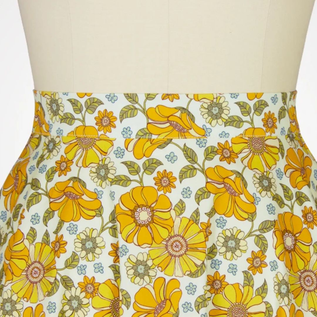 Gelber Blumenrock, A-Linie, Baumwolle, Vintage-Stil, Damenmode, geblümt, Sommerkleidung.